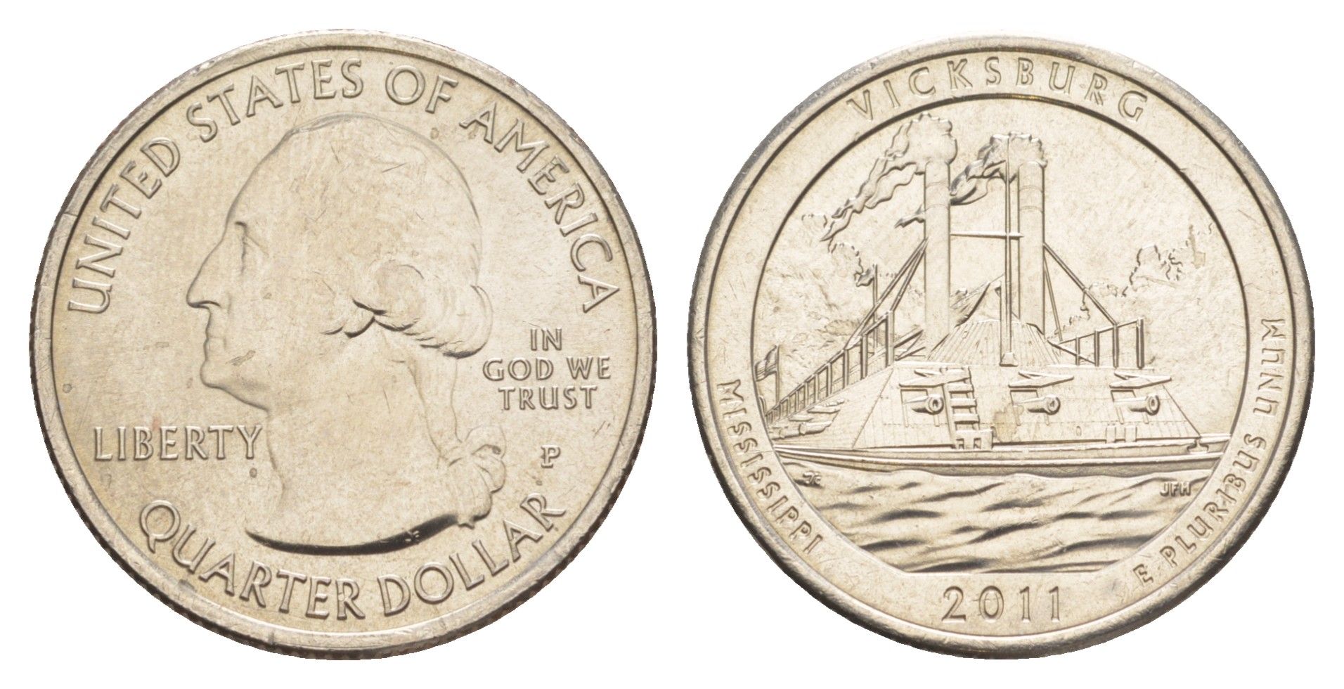 США 25 центов (квотер, 1/4 доллара) 2011 P, Квотеры «Парки США» - Национальный парк Виксбург KM 497 медь плакированная медно-никелем UNC 4638-425