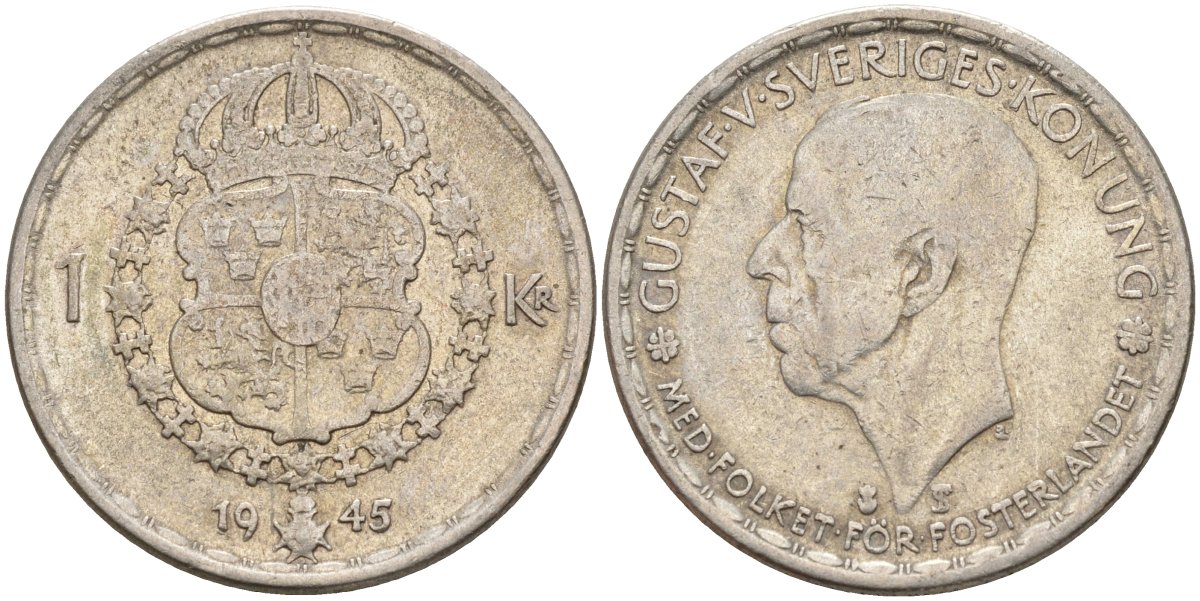 Швеция 1 крона 1944 G, Густав V (1907-1950) KM 814 серебро 4148-1022