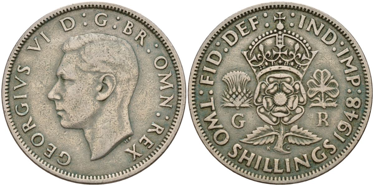 Великобритания 2 шиллинга (флорин) 1948 Георг VI (1936-1952) KM 878, Spink 4107 медно-никель 4150-752
