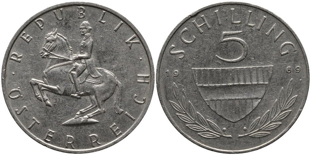АВСТРИЯ 5 ШИЛЛИНГОВ 1969 KM 2889а медно-никель 33-641
