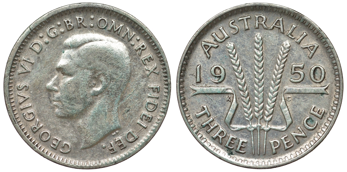 Австралия 3 пенса 1950 m, Георг VI (1937-1952), без букв KM 44 серебро 71-242