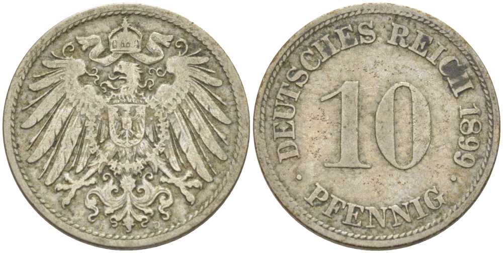 ГЕРМАНИЯ 10 ПФЕННИГОВ 1899 D KM 12, J. 13, Weege 8 медно-никель 261-1326