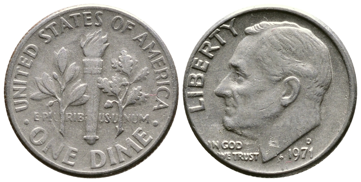 США 10 ЦЕНТОВ = 1 ДАЙМ 1971 D, РУЗВЕЛЬТ KM 195а медь плакированная медно-никелем 73-238