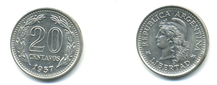 Аргентина 20 сентаво 1957 голова Свободы влево KM 55 сталь плакированная никелем 80-237