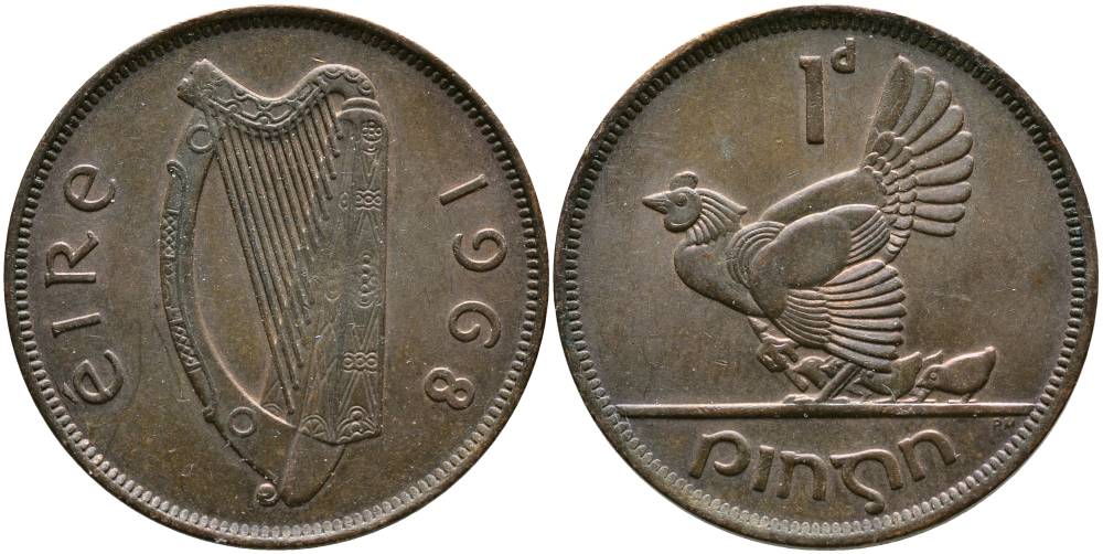 ИРЛАНДИЯ 1 ПЕННИ 1968 КУРИЦА С ЦЫПЛЯТАМИ KM 11 бронза 4531-725
