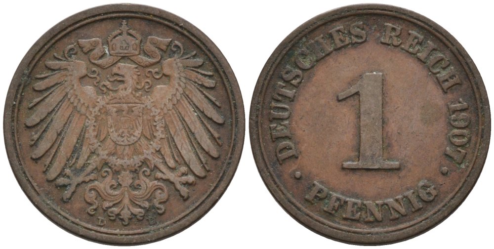 Германия 1 пфенниг 1907 D KM 10, J. 10 медь 4567-1248