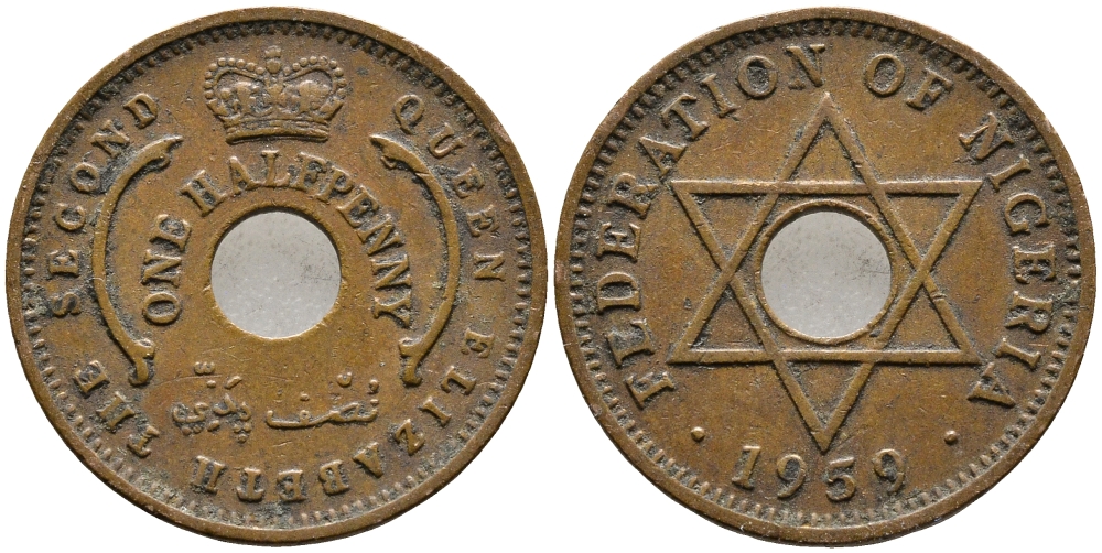 Нигерия 1/2 пенни 1959 Елизавета II (1952-), Британский протекторат KM 1 бронза 4392-1263