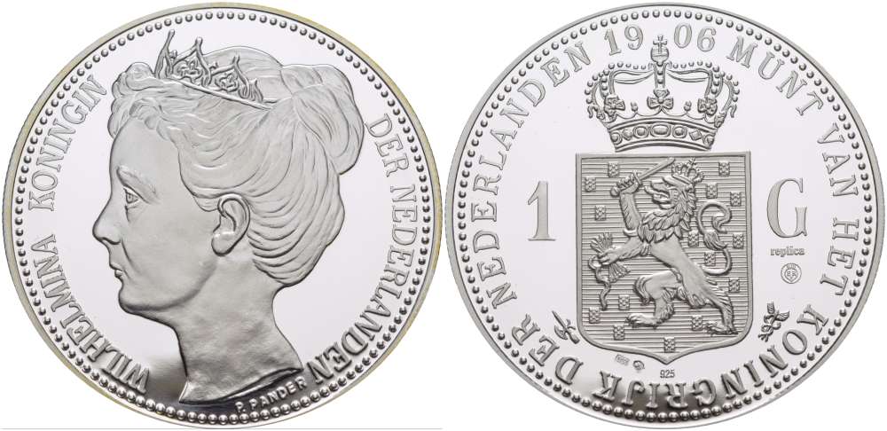 НИДЕРЛАНДЫ МЕДАЛЬ ND 1 ГУЛЬДЕН 1906, ВИЛЬГЕЛЬМИНА, ДИАМЕТР 45 ММ., ВЕС 31,33 ГР. серебро PROOF 00-00