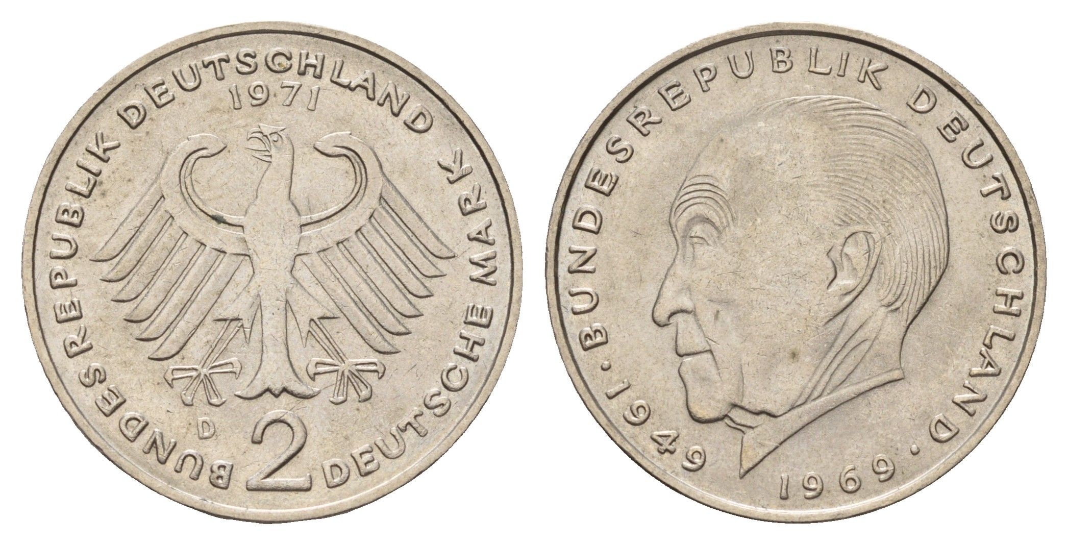 ФРГ 2 марки 1971 D, Конрад Аденауэр KM 124, J. 406 медно-никель 3459-953