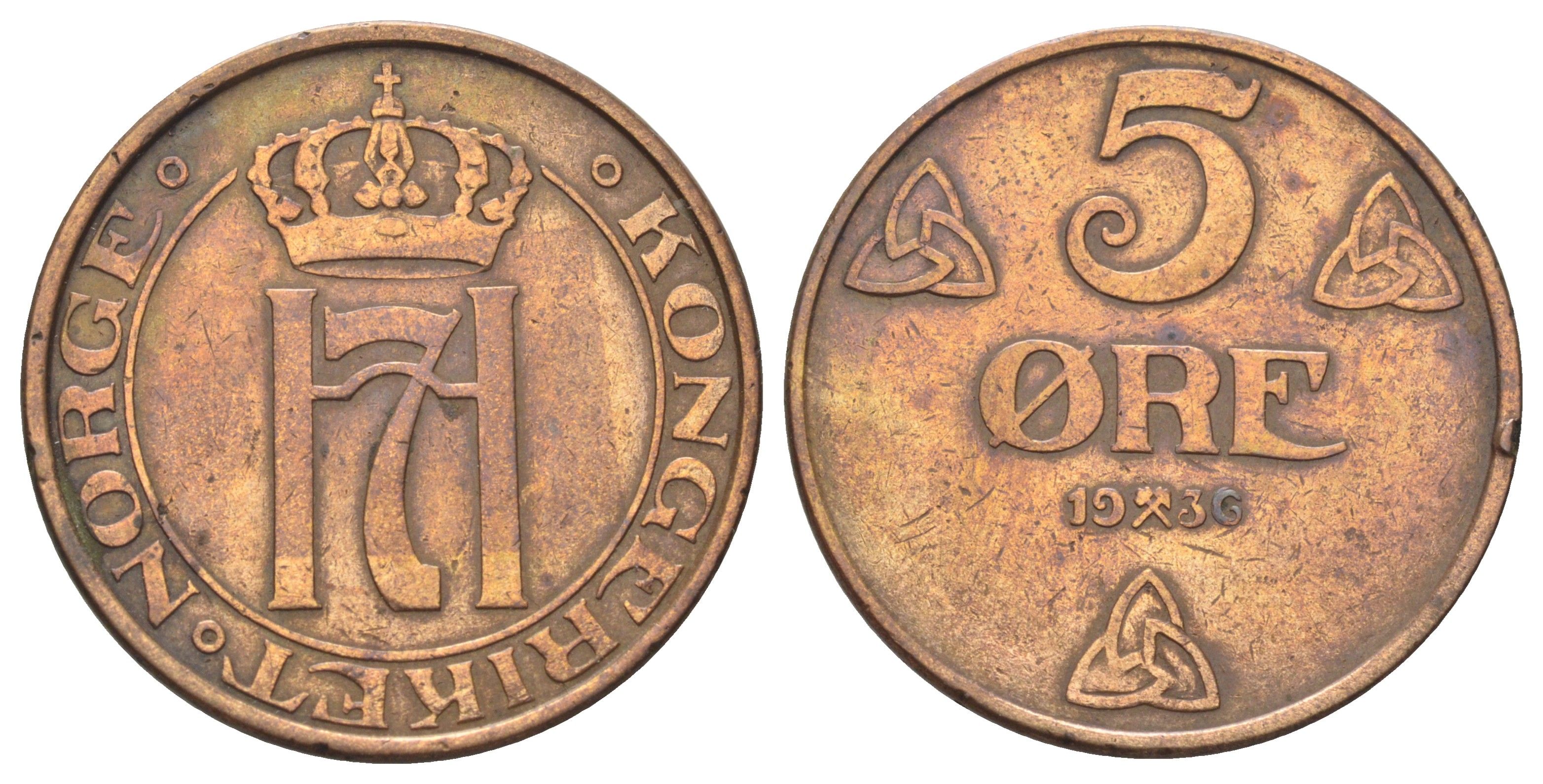 Норвегия 5 эре 1936 Хокон VII (1905-1957) KM 368 бронза 4700-737