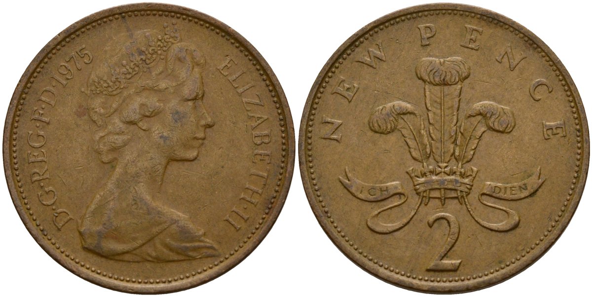 Великобритания 2 пенса 1975 Елизавета II (1952-2022) KM 916, Spink 4235 (C1) бронза 4156-521