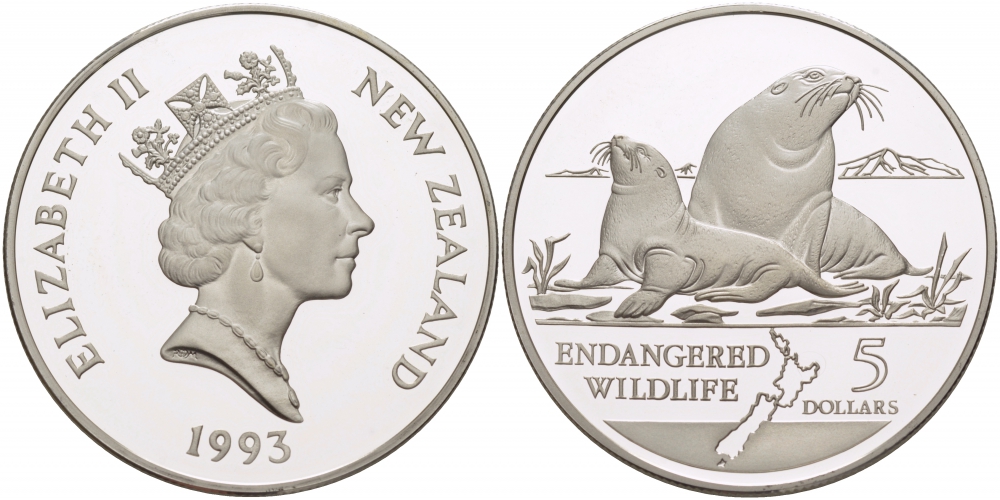Новая Зеландия 5 долларов 1993 охрана окружающей среды, морские львы KM 89 серебро PROOF 11-177-11