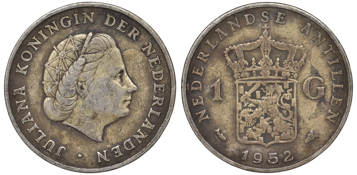 Нидерландские Антилы 1 гульден 1952 Юлиана (1948-1980) KM 2 серебро 36-853