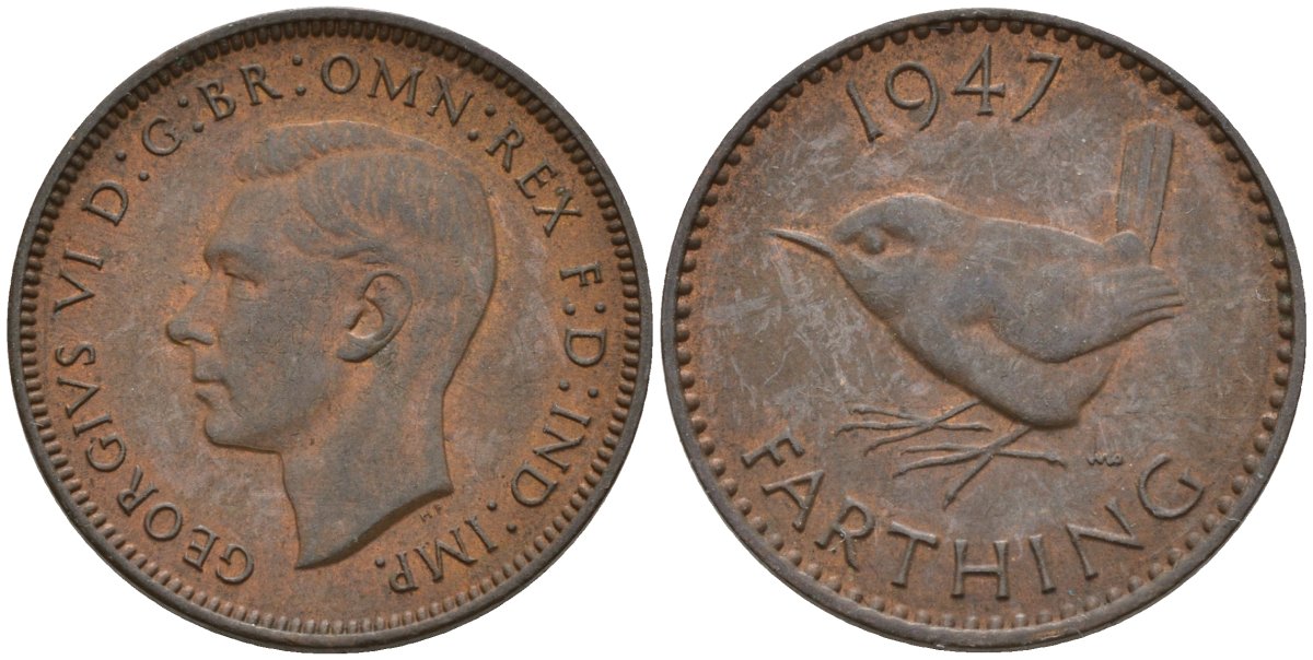 Великобритания 1 фартинг 1947 Георг VI (1936-1952) KM 843, Spink 4116 бронза 4596-1025
