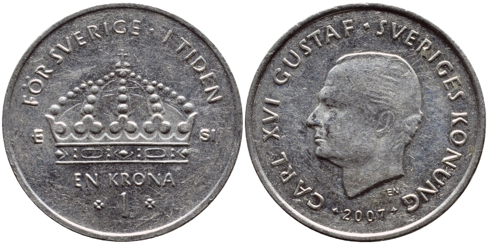 Швеция 1 крона 2007 Карл XVI Густав (1973- ) KM 894 медно-никель 176-447