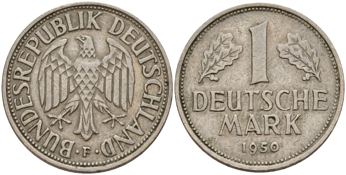 ФРГ 1 марка 1950 F KM 110, J. 385 медно-никель 4159-1025