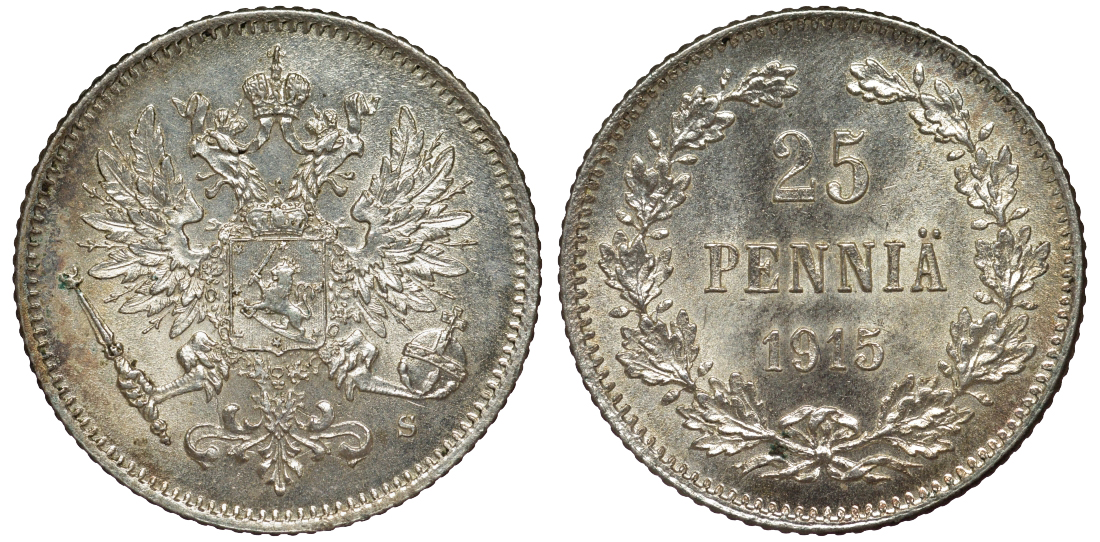 Россия для Финляндии 25 пенни 1915 S, Николай II (1894-1917) KM 6.2, Биткин 420 серебро 75-1215