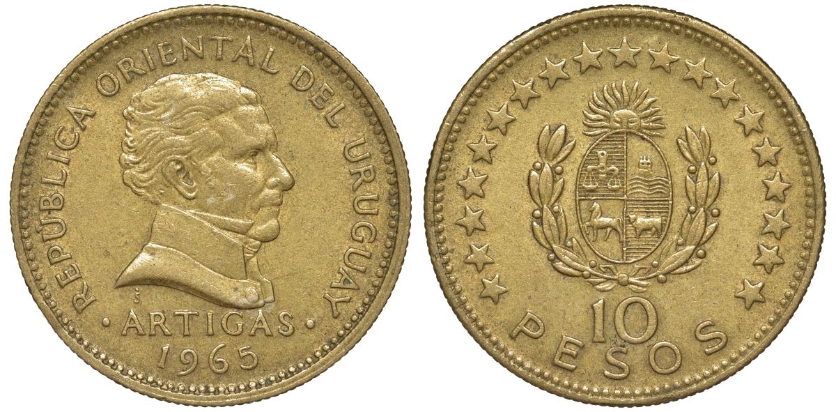 Уругвай 10 песо 1965 KM 48 алюминиевая бронза 81-234