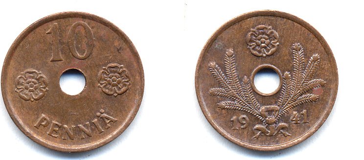 ФИНЛЯНДИЯ 10 ПЕННИ 1941 KM 33.1 медь 51-4912