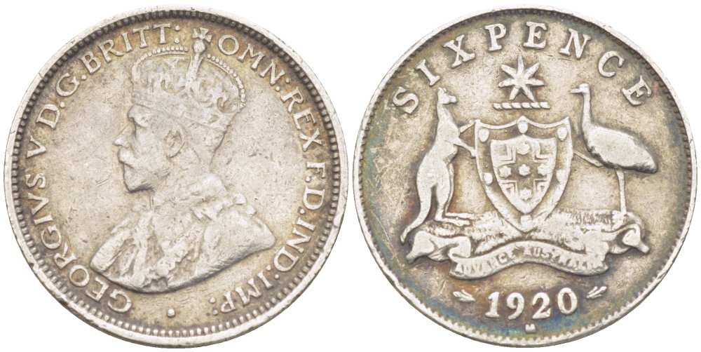 Австралия 6 пенсов 1920 M, Георг V (1910-1936), герб Австралии KM 25 серебро 3955-1265
