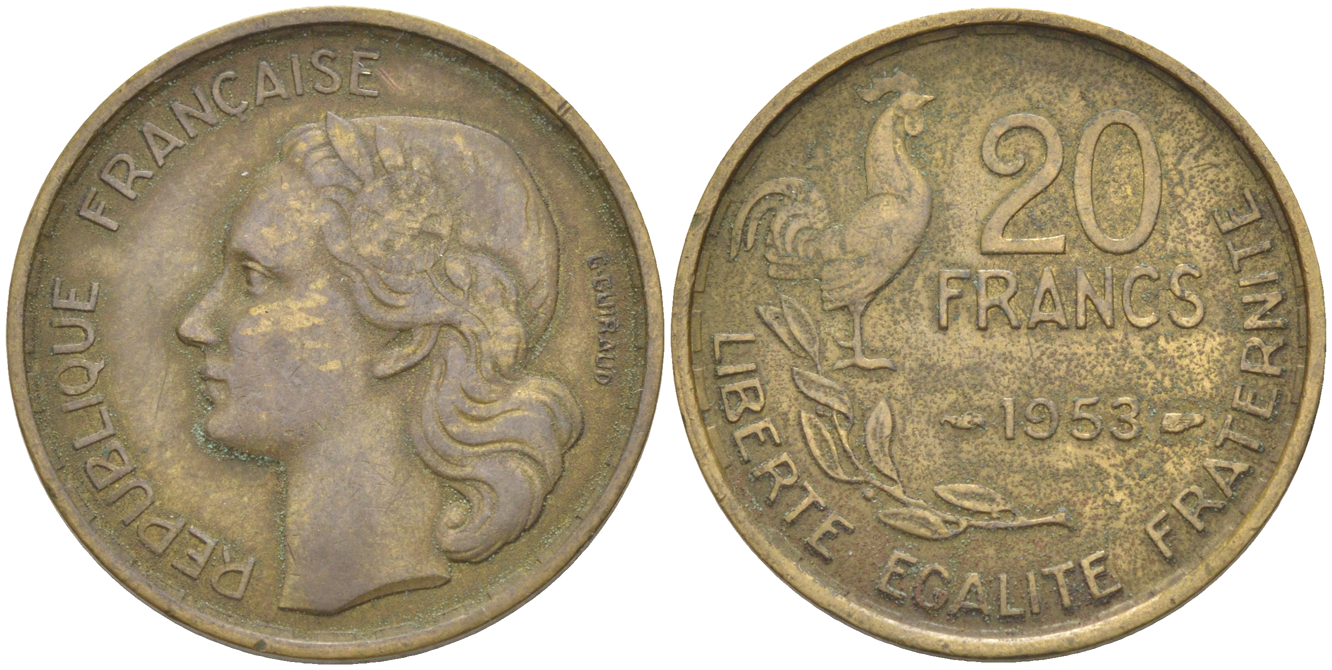 ФРАНЦИЯ 20 ФРАНКОВ 1953 ПЕТУХ KM 917.1 алюминиевая бронза 106-311