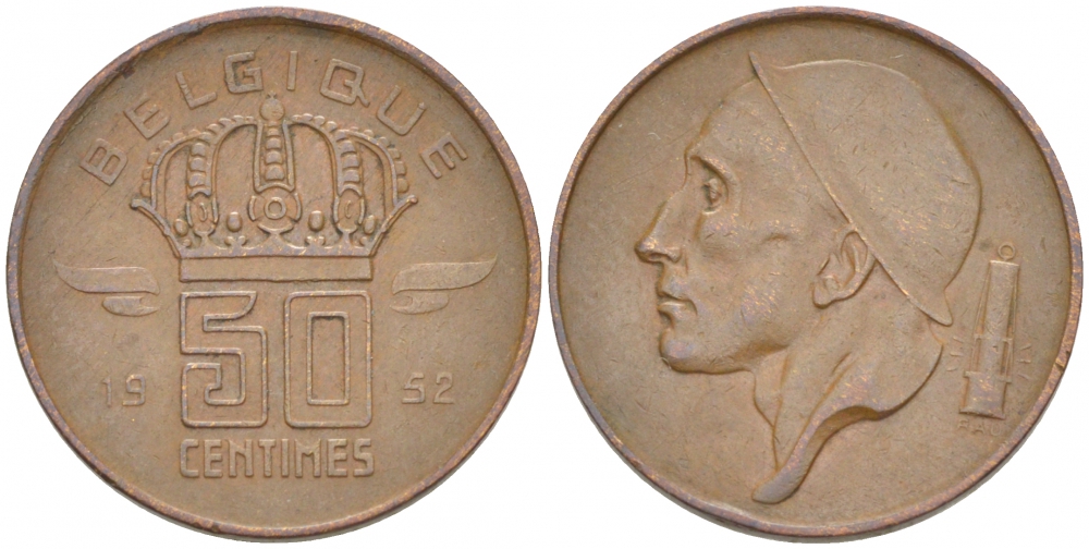БЕЛЬГИЯ 50 САНТИМОВ 1952 BELGIQUE KM 144 бронза 3996-1227