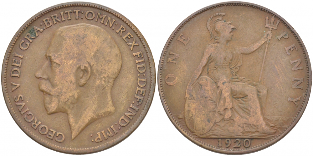 Великобритания 1 пенни 1920 Георг V (1910-1936) KM 810, Spink 4051 бронза 215-316