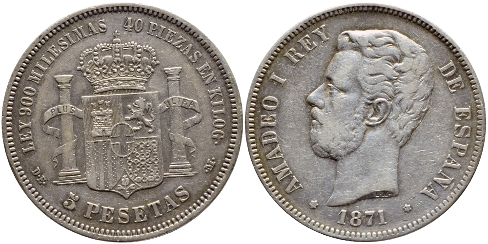 Испания 5 песет 1871 (74) DE-M, Амадео I KM 666 серебро    00-1067-1-11