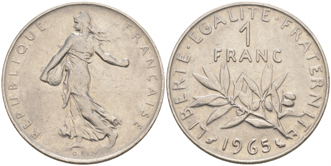 Франция 1 франк 1965 сеятель KM 925.1, Le Franc 226.9 никель 186-333