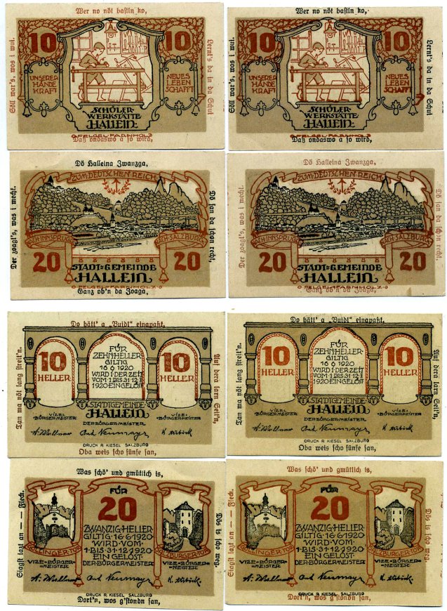 ХАЛЛАЙН, Австрия набор из 4 БАННОТ 1920 16 июня 1920 - 31 декабря 1920, нотгельд (10, 10, 20, 20 геллеров), земля ЗАЛЬЦБУРГ бумага 2193-25-2-2
