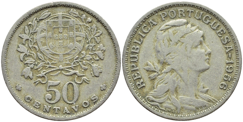 Португалия 50 сентаво 1956 KM 577 медно-никель 4395-825