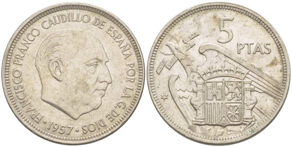 Испания 5 песет 1957 (71) Франсиско Франко (1939-1975) KM 786 медно-никель 210-1115