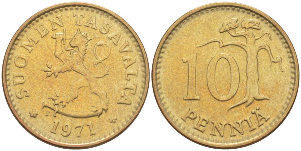 ФИНЛЯНДИЯ 10 ПЕННИ 1971 S KM 46 алюминиевая бронза 4516-736