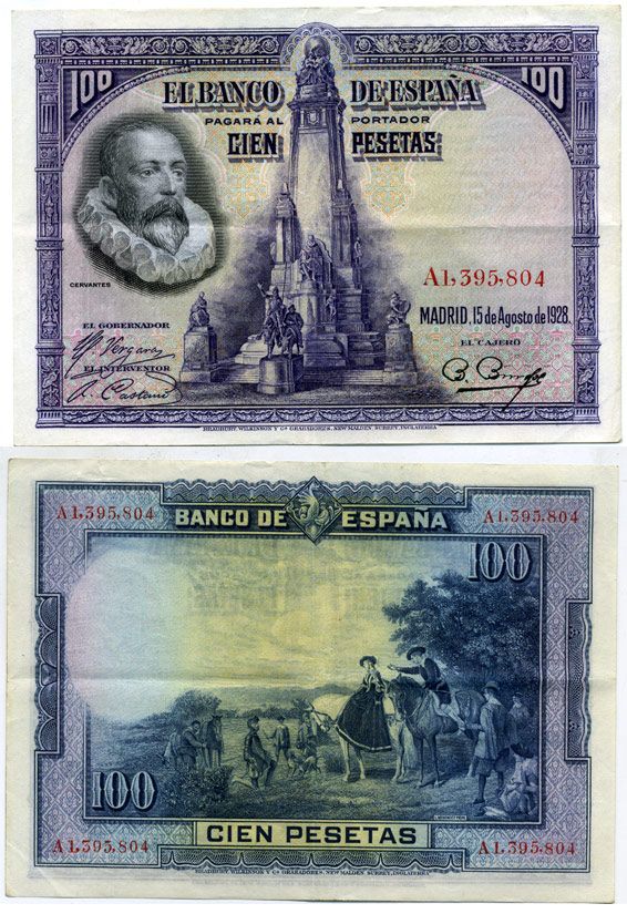 Испания 100 песет 1928 Мигель де Сервантес Сааведра, памятник Сервантесу, картина Дон Кихот Pick 76 а бумага 00-00