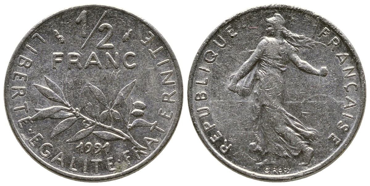 Франция 1/2 франка 1991 сеятель KM 931.1 никель 93-1425