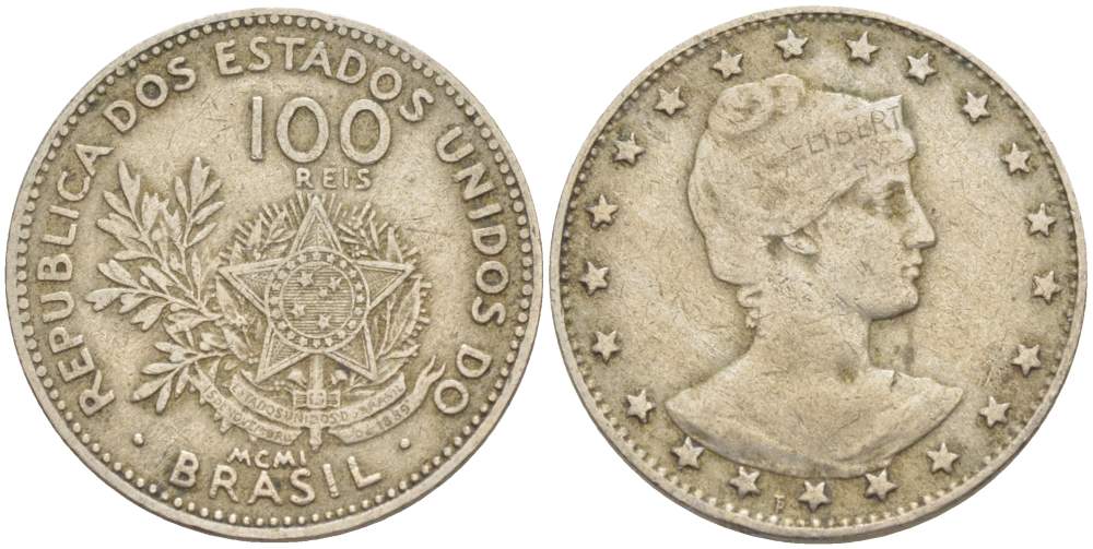 БРАЗИЛИЯ 100 РЕЙС 1901 ГОЛОВА СВОБОДЫ ВПРАВО, РИМСКАЯ НУМЕРАЦИЯ ДАТЫ KM 503 медно-никель 4529-543