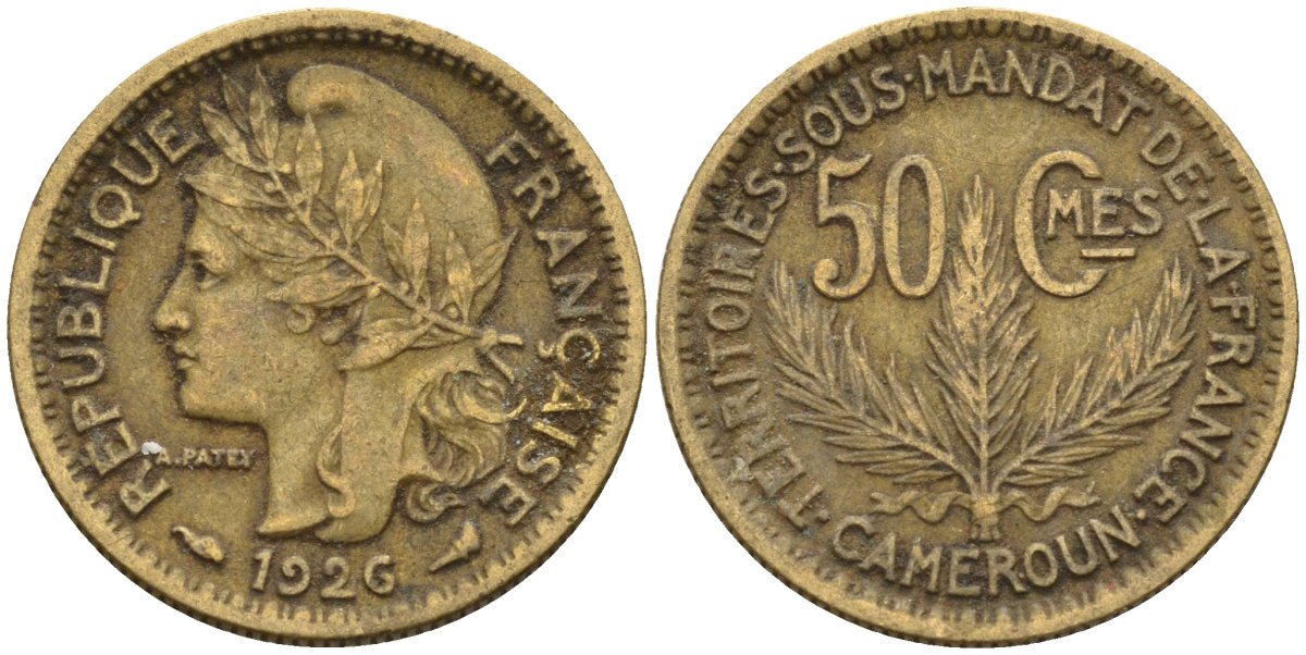 Камерун 50 сантимов 1926 (a), мондвор Париж KM 1 алюминиевая бронза 4169-717