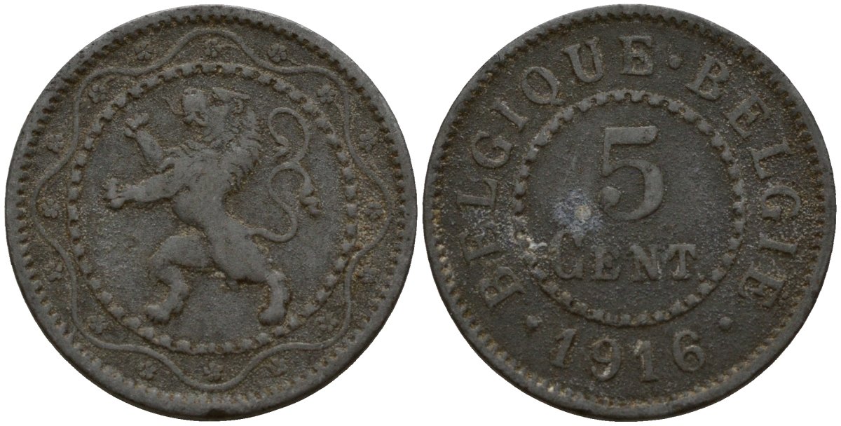 Бельгия 5 сантимов 1916 германская оккупация Первая мировая война, Альберт I (1910-1934) KM 80 цинк 4147-265