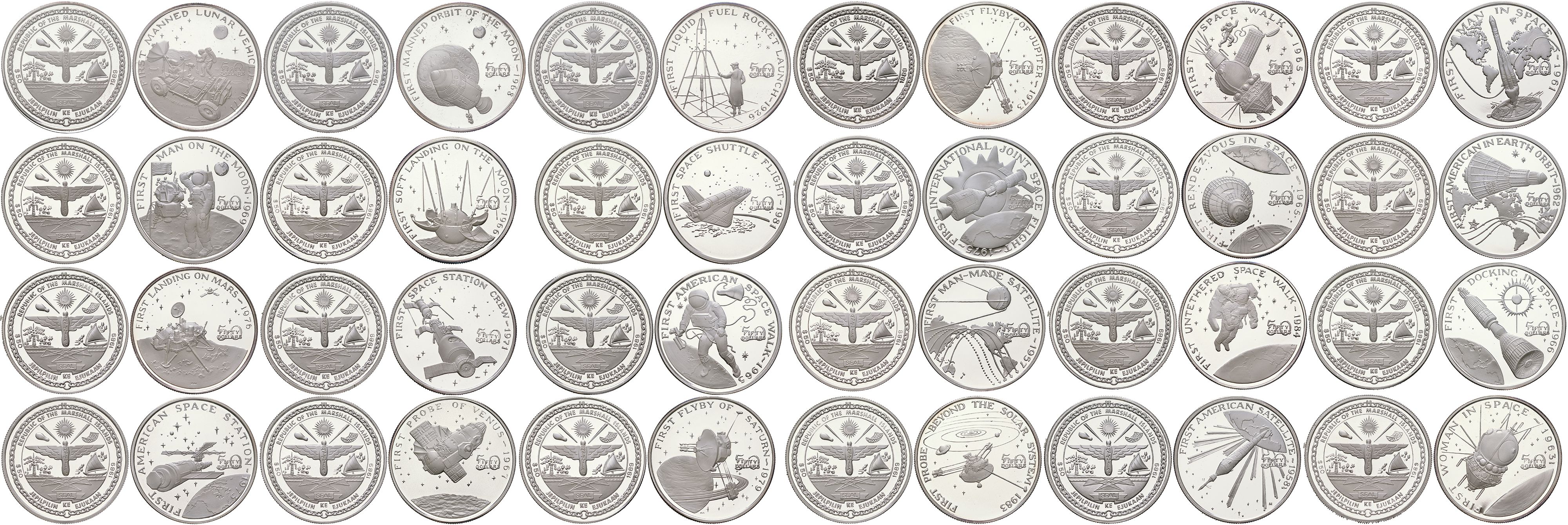 Маршалловы Острова набор из 24 монет (50 долларов) 1989 Вехи освоения космоса, в оригинальной коробке серебро PROOF L1-01-05