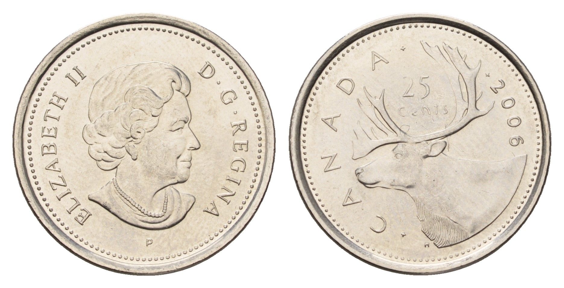 Канада 25 центов 2006 P, Елизавета II (1952-2022), олень KM 493 сталь плакированная никелем UNC 4688-537