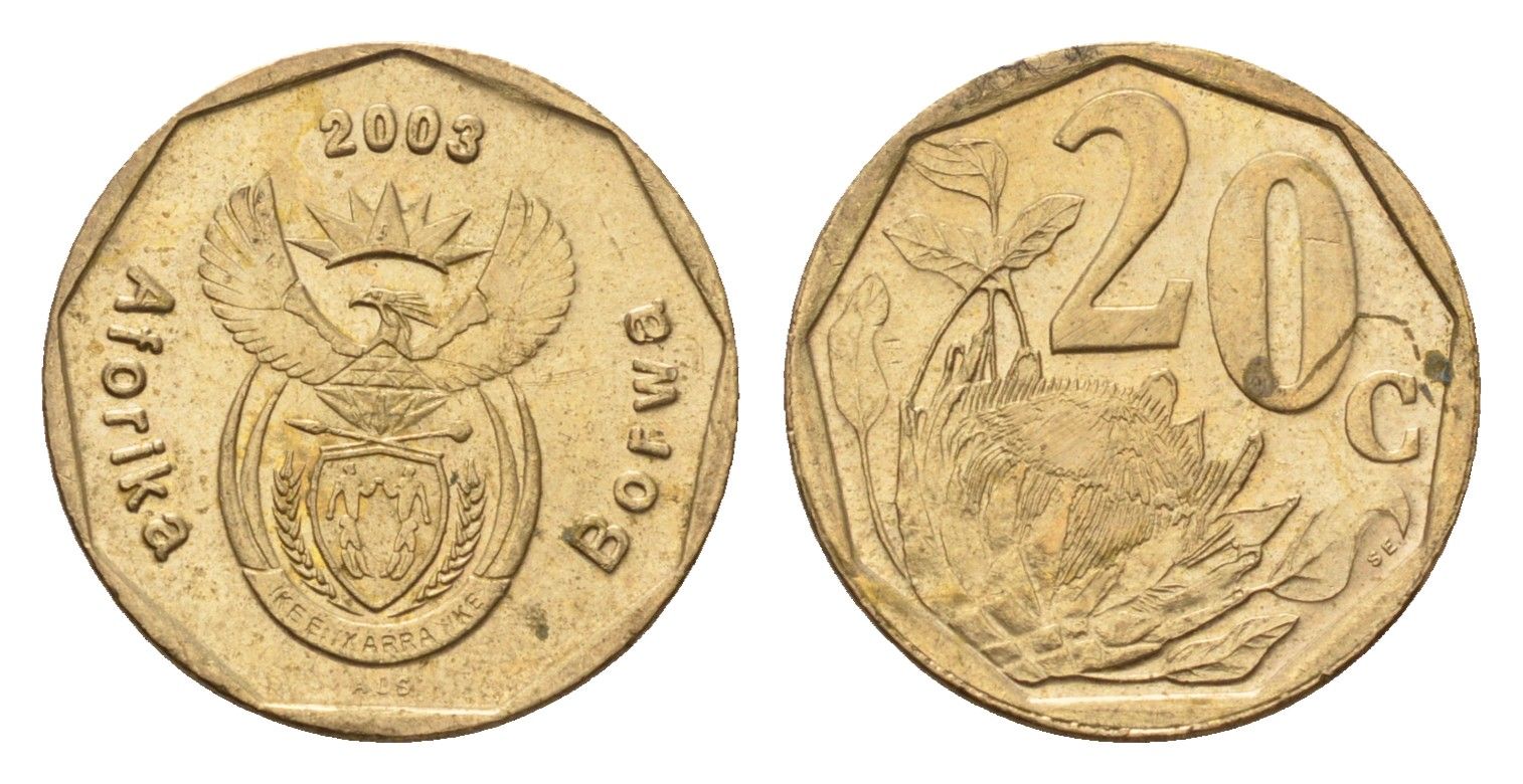 ЮАР 20 центов 2003 герб, цветок протея KM 327 сталь плакированная бронзой UNC 4687-555