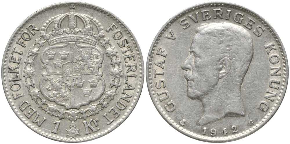 Швеция 1 крона 1942 G, Густав V (1907-1950) КМ 786.2 серебро 3896-1633