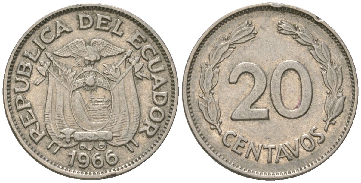Эквадор 20 сентаво 1966 KM 77.1c сталь плакированная никелем 4611-712