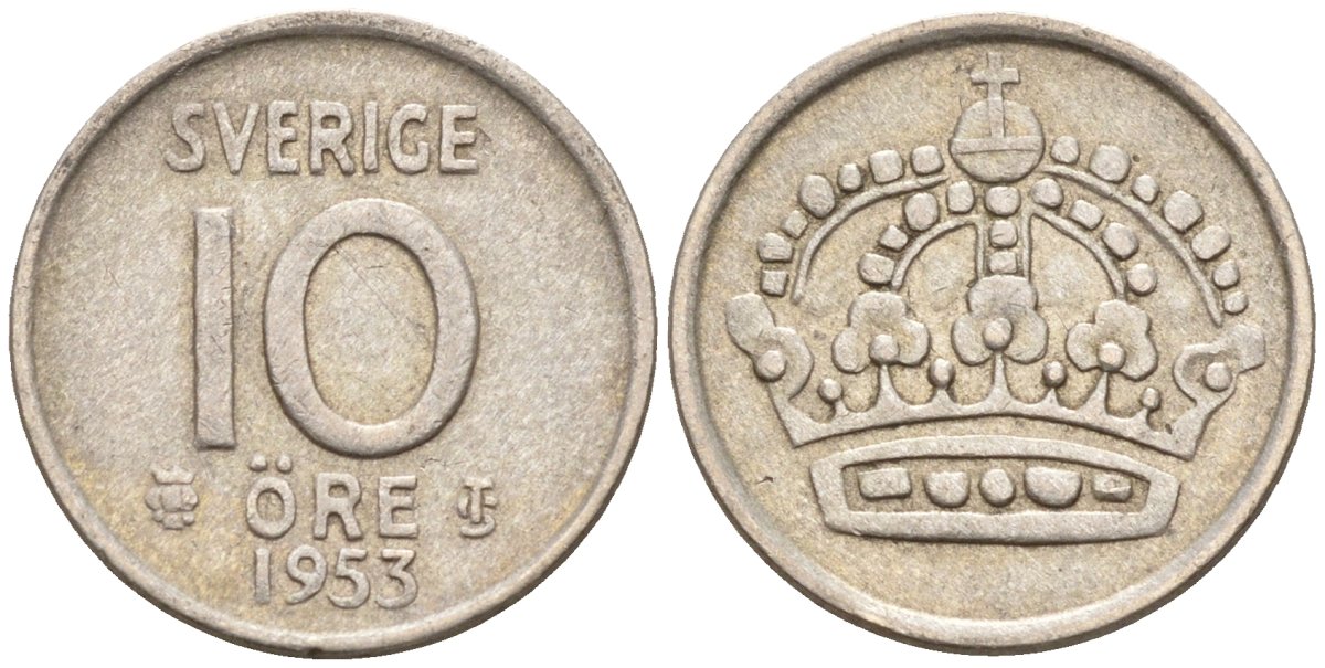 Швеция 10 эре 1953 TS, Густав VI Адольф (1950-1973) KM 823 серебро 4147-863