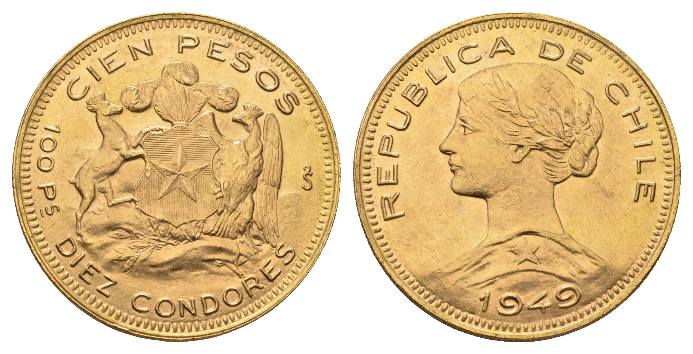Чили 100 песо 1949  KM 175 золото  UNC  10-016-09