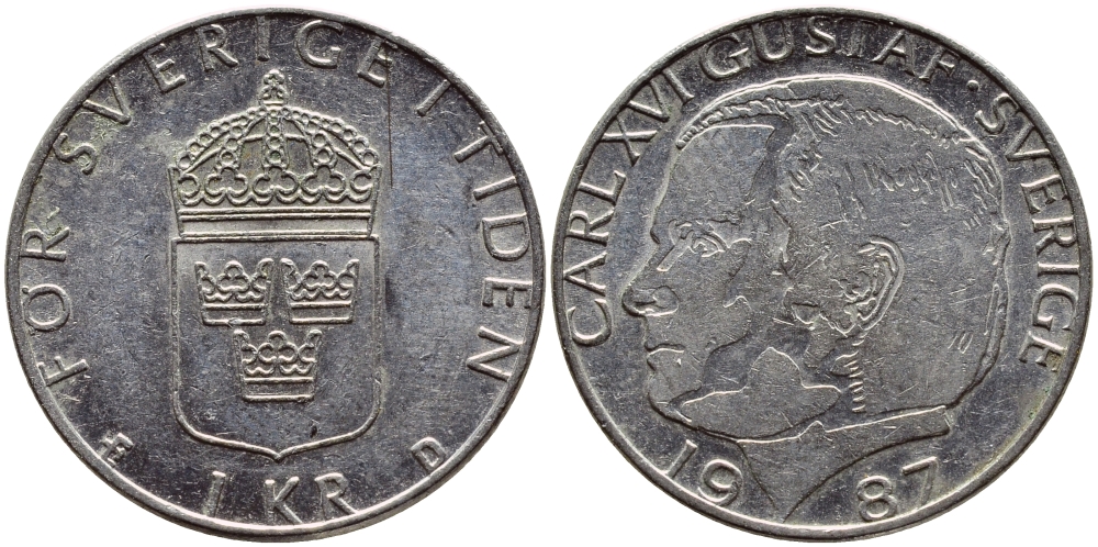 Швеция 1 крона 1987 Карл XVI Густав (1973- ) KM 852a медно-никель 4397-1155