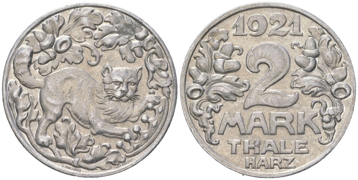 Тале-ам-Гарц (Саксония) 2 марки 1921 Funck 537.8, Men18 31188.1 алюминий 4380-625