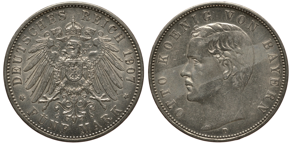 Бавария 5 марок 1907 Отто (1886-1913) Weege 47, J. 46, KM 512 серебро 3711-1534