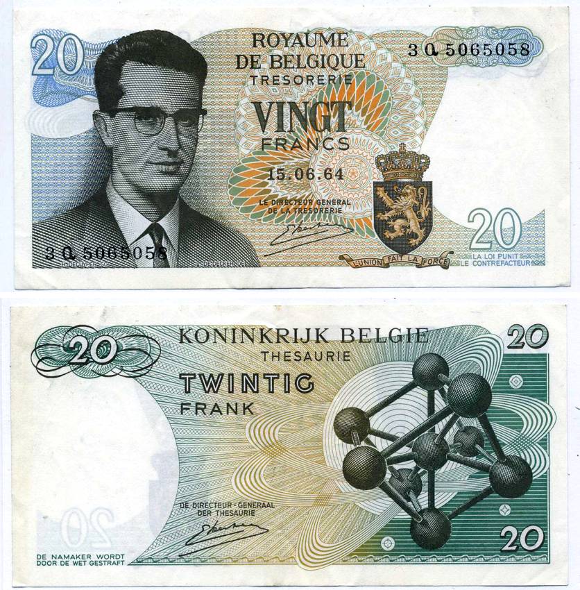 Бельгия 20 франков 1964 Бодуэн I, атомиум, Kestens Pick 138 (3) бумага 3295-102-4-1