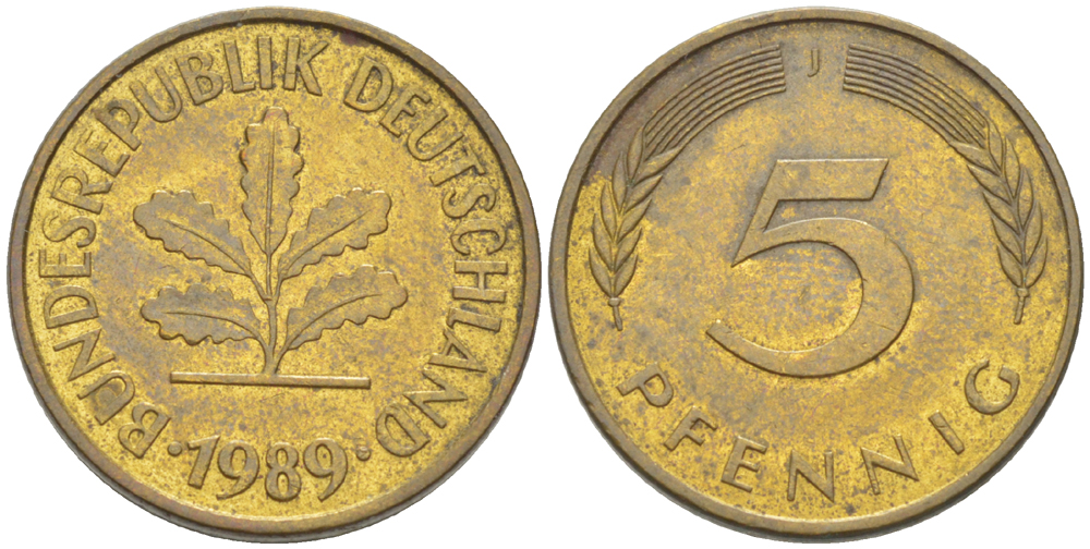 ФРГ 5 ПФЕННИГОВ 1989 J KM 107, J. 382 сталь плакированная латунью 4181-1029